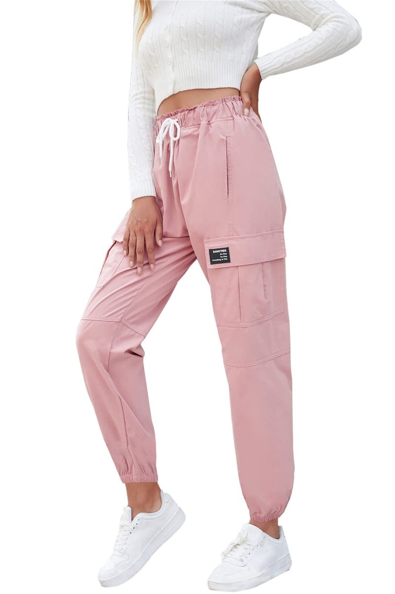 SANGTREE Girls Cargo Pants, Elastic Waist Drawstring Loose Tapered Multi Pockets Cargo Jogger Pants for Girl, Pink, 9-10 Years Big Kid = Tag 150 - Image 3